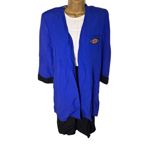 Vtg 80s Just In Thyme Dress Suit Colorblock Blazer 2-Piece Blue Black White 6 - Picture 1 of 8